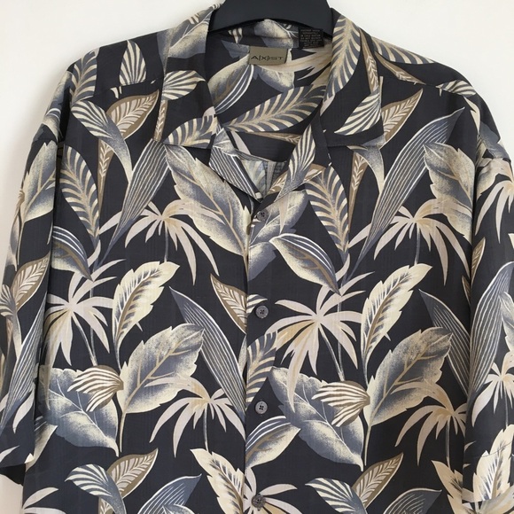 Axist Y2K Boho silk Hawaiian Tropical leaf print short sleeve button up shirt - Picture 3 of 15